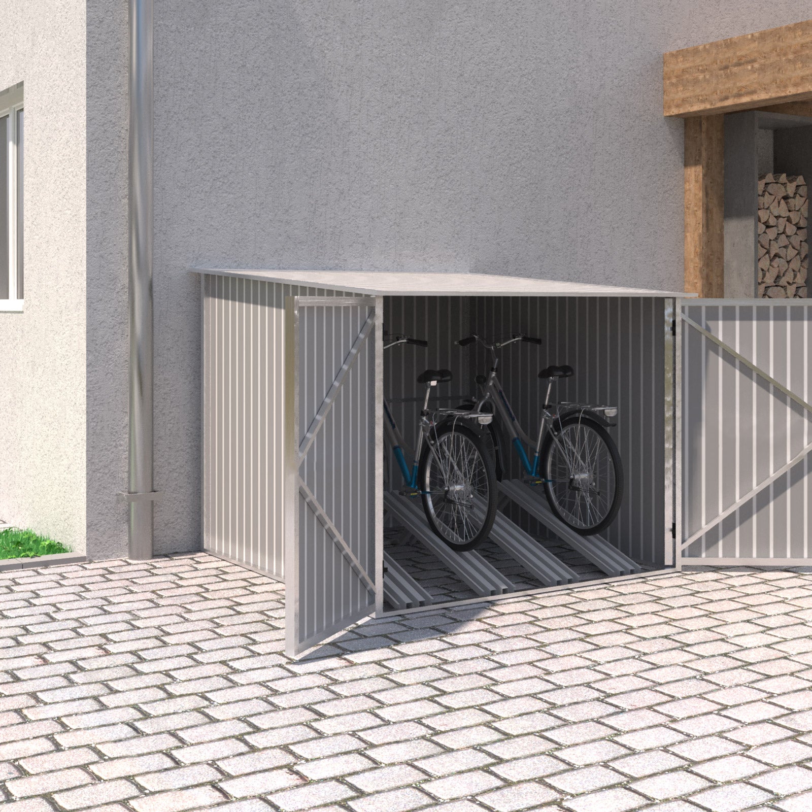 Hellgraue Metall-Fahrradgarage mit geöffneten Doppeltüren, zwei Fahrräder innen, steht auf gepflastertem Boden vor einer Hauswand