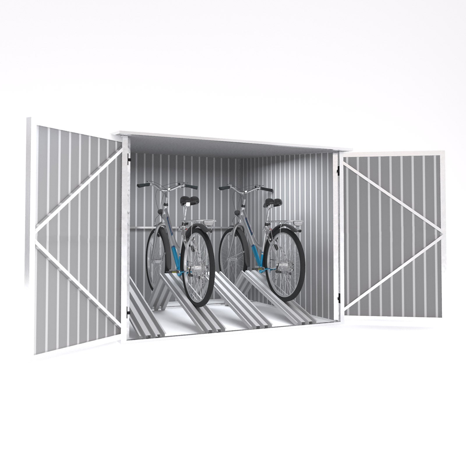 Hellgraue Metall-Fahrradgarage mit geöffneten Doppeltüren, zwei Fahrräder stehen in Halterungen