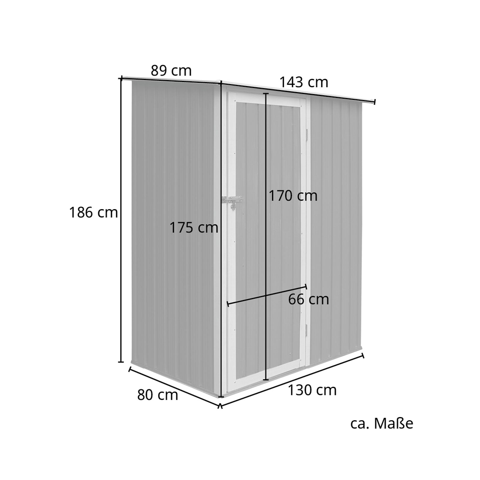 Maßskizze eines kleinen Gartenhauses mit 186 cm Höhe, 130 cm Breite, 80 cm Tiefe, Dach 143 x 89 cm, Türhöhe 170 cm, Türbreite 66 cm