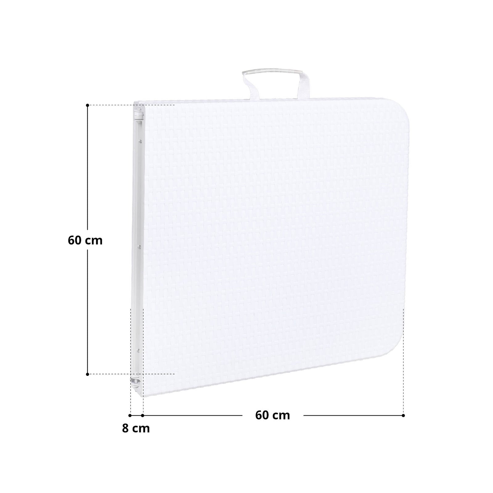 Zusammengeklappter Campingtisch mit Griff, Maße 60 x 60 x 8 cm