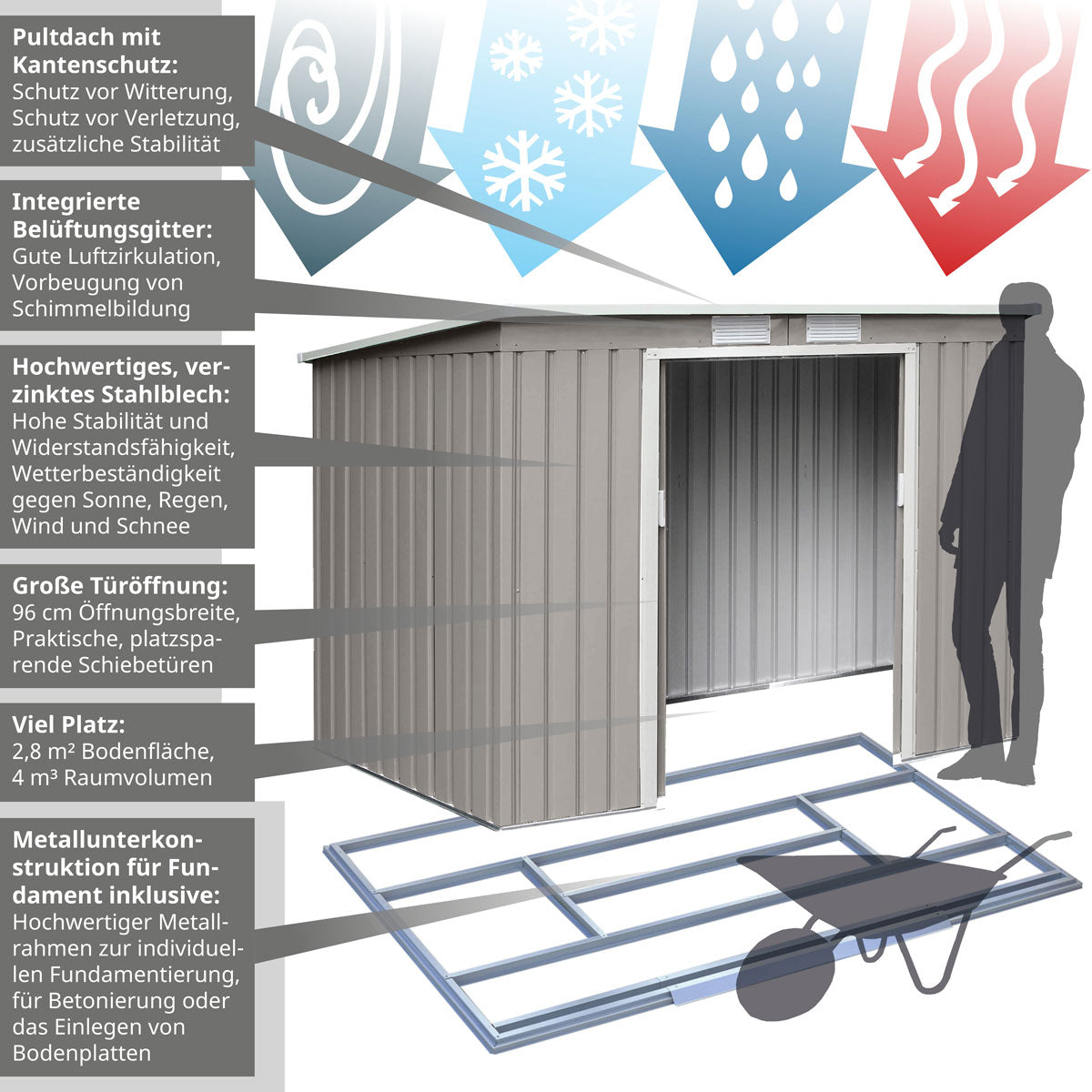 Hellgraues Metallgerätehaus P100 mit Pultdach, integrierten Belüftungsgittern, verzinktem Stahlblech, großer Türöffnung und Metallunterkonstruktion für Fundament
