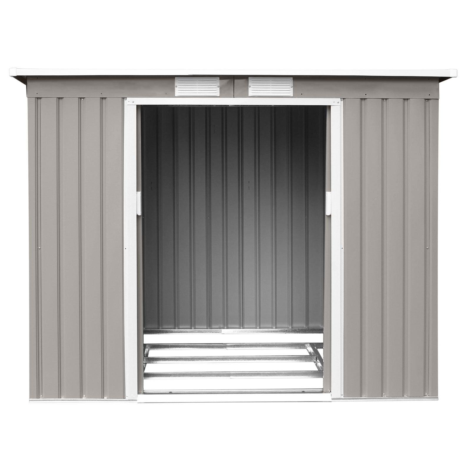 Hellgrauer Metall-Gartenschuppen P100 mit offenem Eingang und silbernem Fundament-Rahmen innen