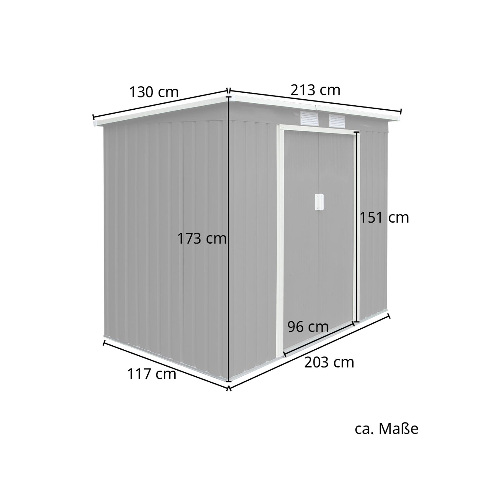 Metall-Gartenschuppen P100 mit den Maßen 213 cm Breite, 130 cm Tiefe, Innenmaße 203 x 117 cm, Höhe 173 cm, Türhöhe 151 und Türbreite 96 cm