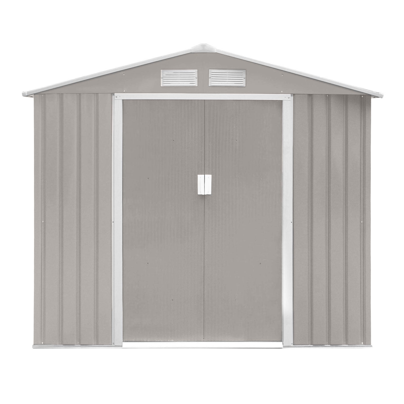 Hellgrauer Metall-Gartenschuppen S100 mit Satteldach Frontalansicht