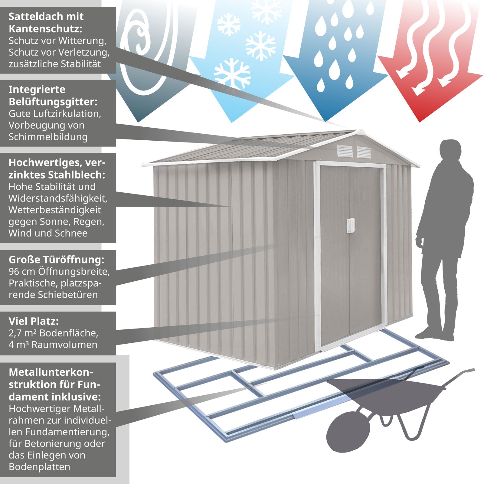Hellgraues Metallgerätehaus S100 mit Satteldach, integrierten Belüftungsgittern, verzinktem Stahlblech, großer Türöffnung und Metallunterkonstruktion für Fundament