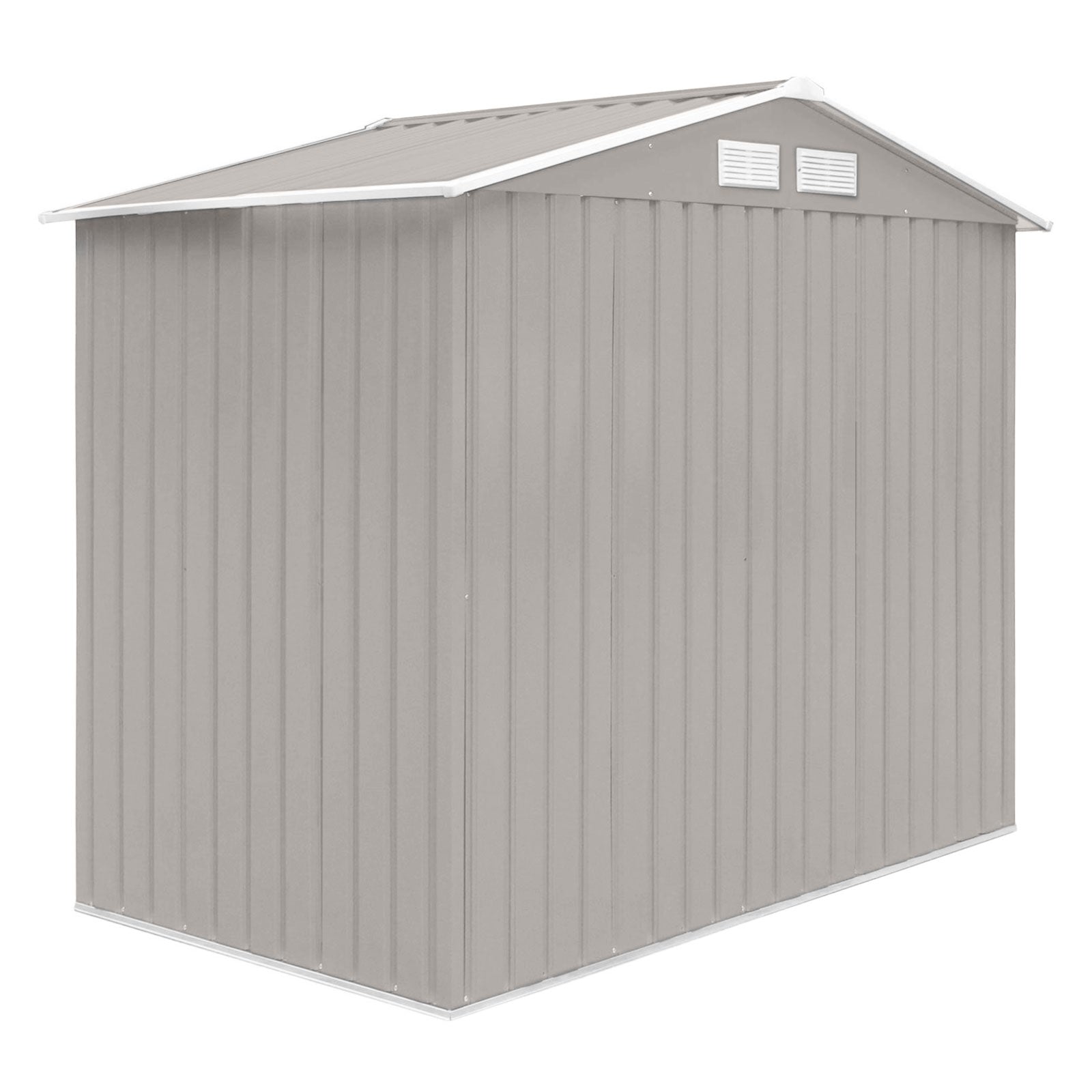 Hellgrauer Metall-Gartenschuppen S100 mit Satteldach Rückseite diagonal