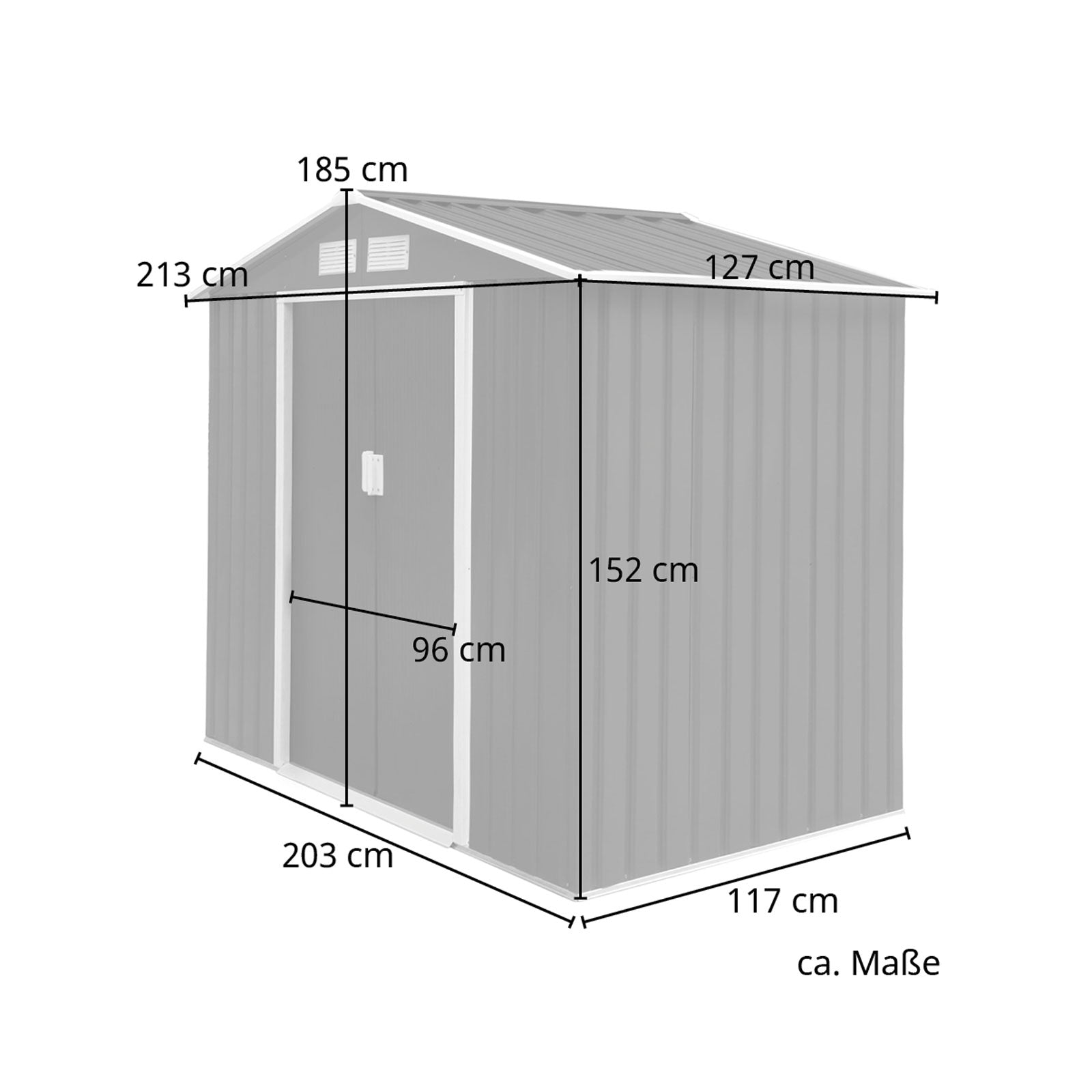Metall-Gartenschuppen S100 mit den Maßen 213 cm Breite, 127 cm Tiefe, Innenmaße 203 x 117 cm, Firsthöhe 185 cm, Traufhöhe 152 cm und Türbreite 96 cm