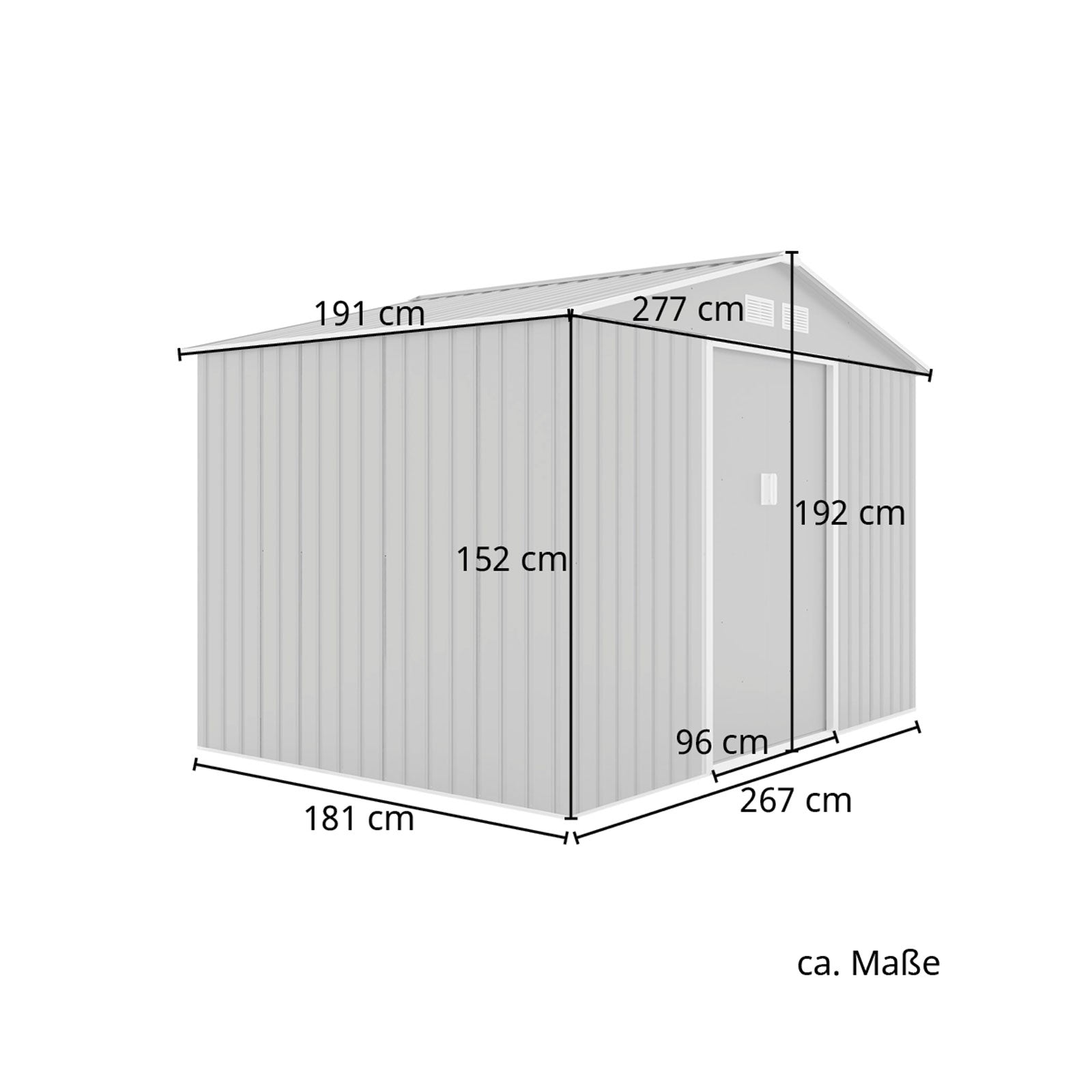 Metall-Gartenschuppen S200 mit den Maßen 277 cm Breite, 191 cm Tiefe, Innenmaße 267 x 181 cm, Firsthöhe 192 cm, Traufhöhe 152 cm und Türbreite 96 cm