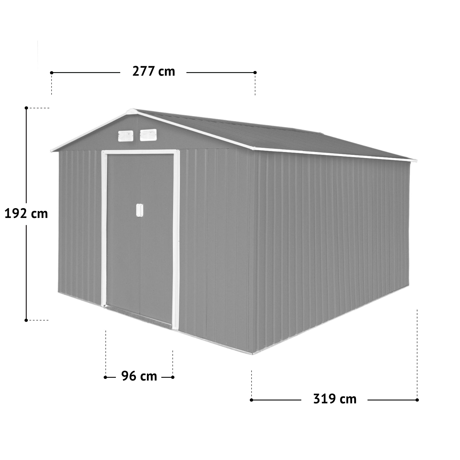 Metall-Gartenschuppen S300 mit den Maßen 277 cm Breite, 319 cm Tiefe, Firsthöhe 192 cm und Türbreite 96 cm