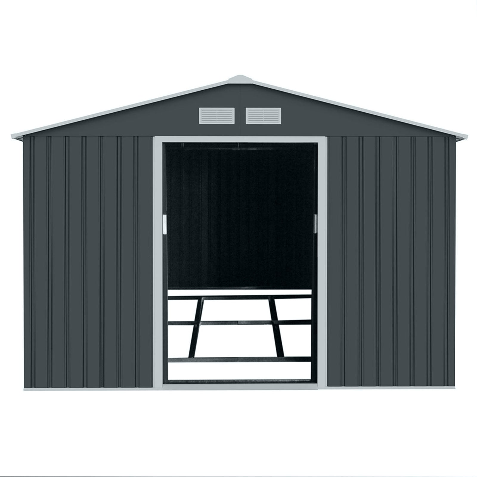 Dunkelgrauer Metall-Gartenschuppen S300 mit offenem Eingang und silbernem Fundament-Rahmen innen