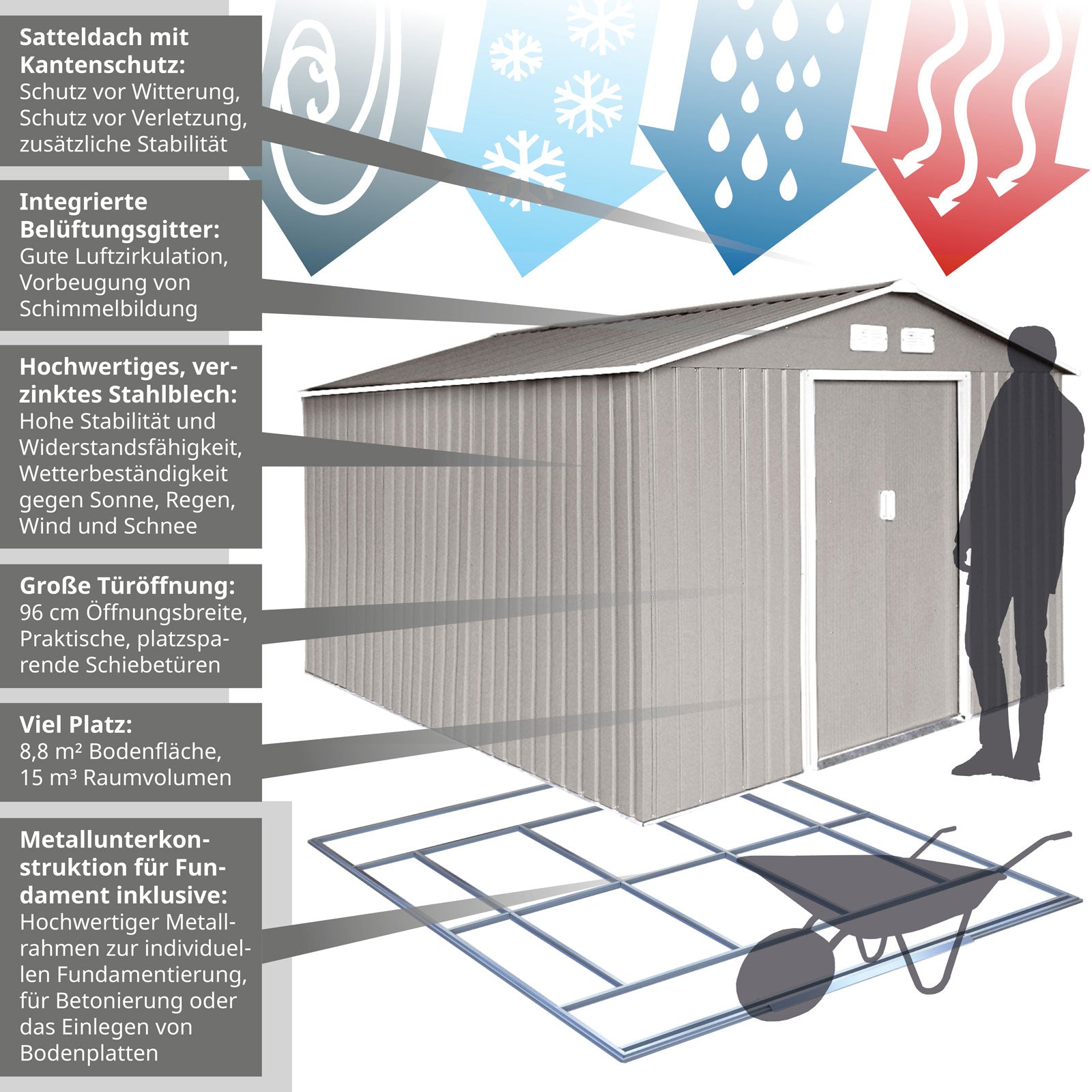 Hellgraues Metallgerätehaus S300 mit Satteldach, integrierten Belüftungsgittern, verzinktem Stahlblech, großer Türöffnung und Metallunterkonstruktion für Fundament