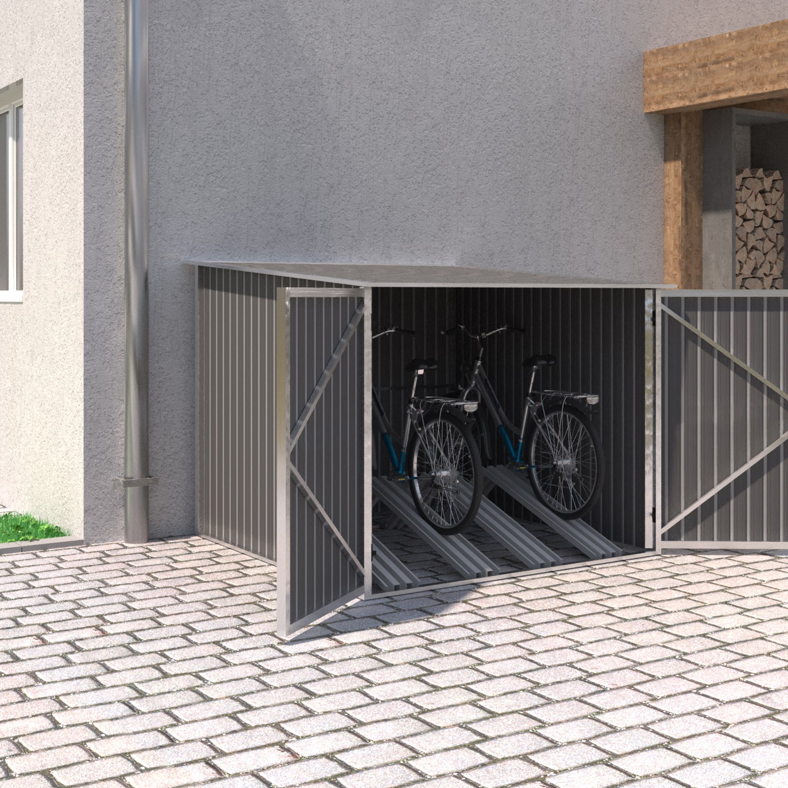 Dunkelgraue Metall-Fahrradgarage mit geöffneten Doppeltüren, zwei Fahrräder innen, steht auf gepflastertem Boden vor einer Hauswand