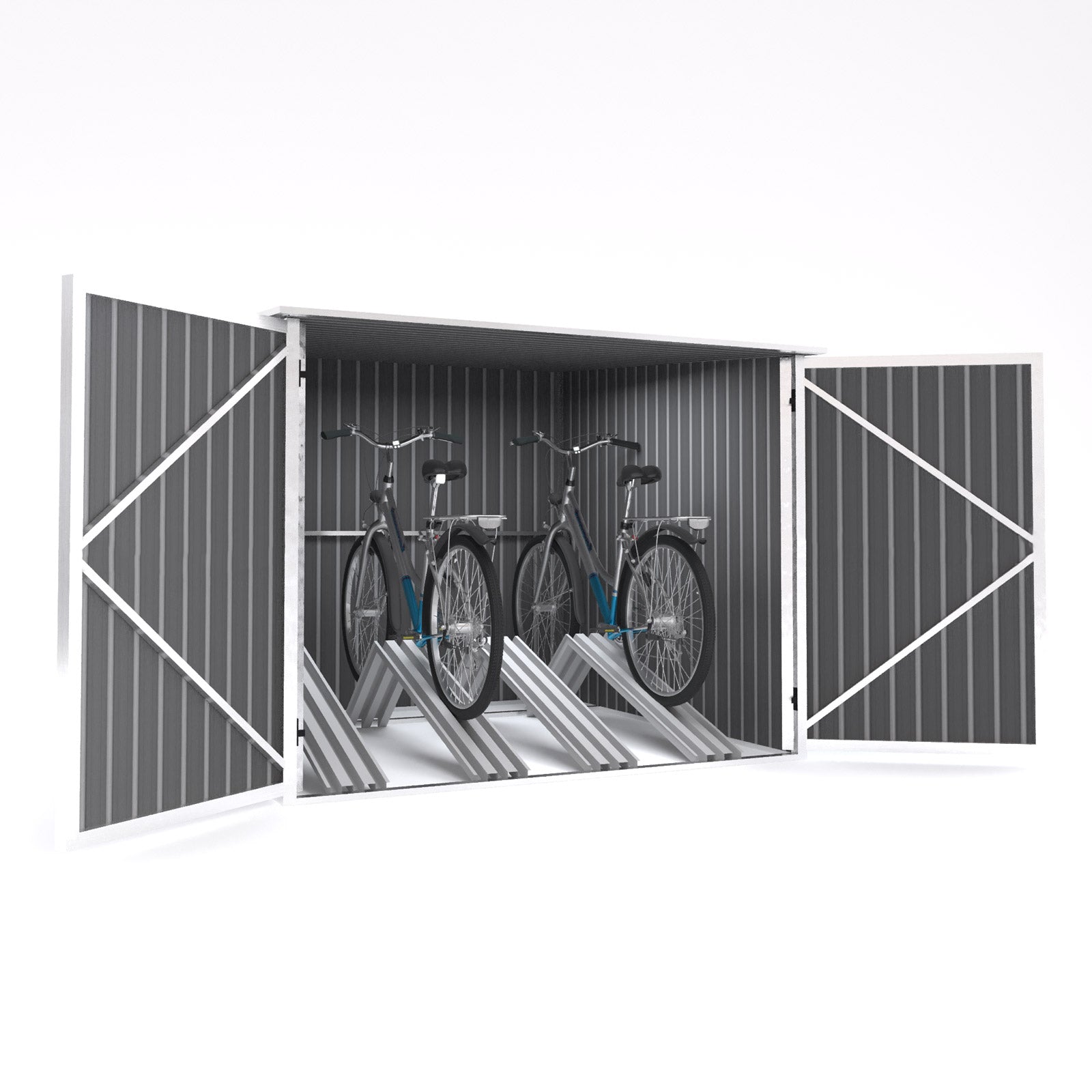Dunkelgraue Metall-Fahrradgarage mit geöffneten Doppeltüren, zwei Fahrräder stehen in Halterungen