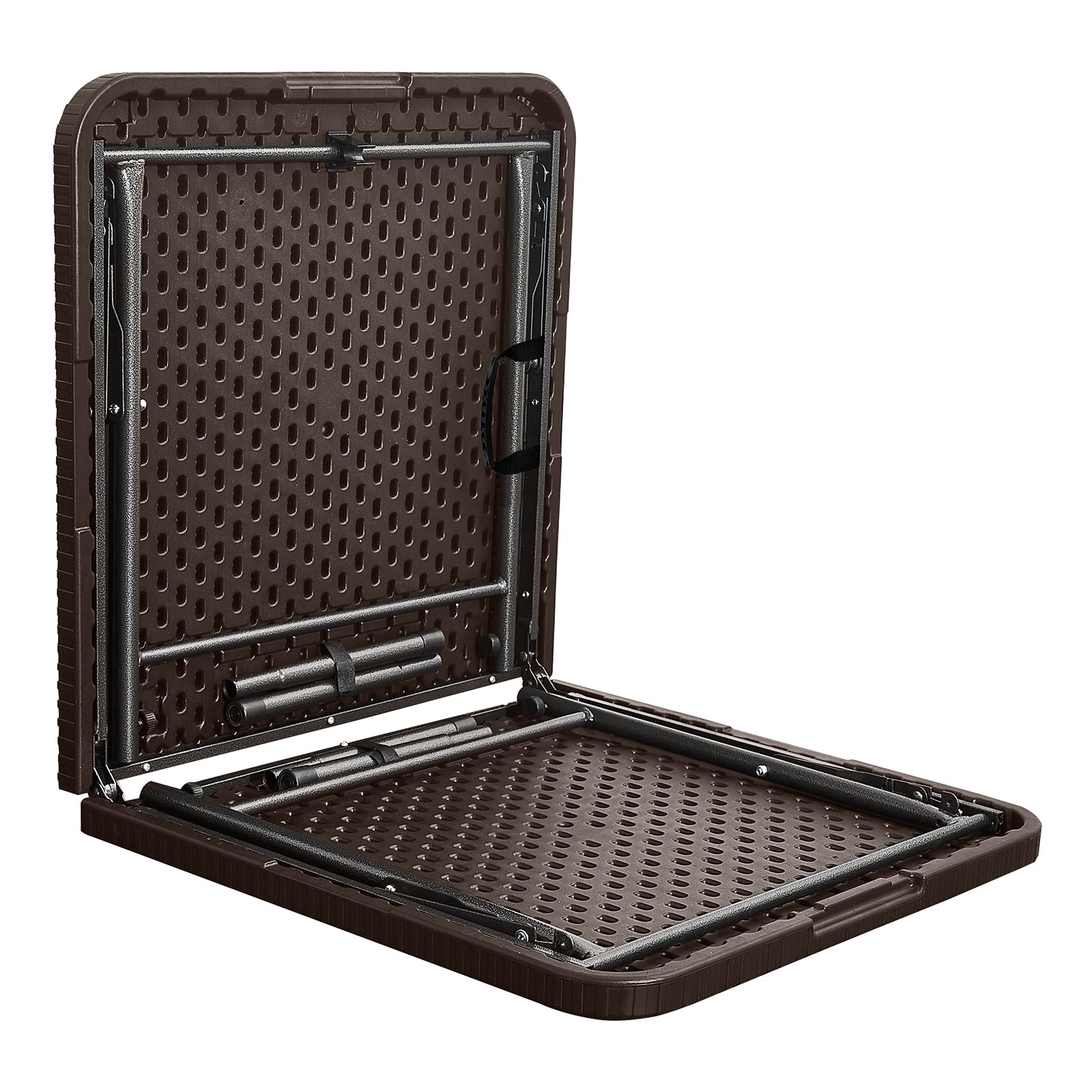Brauner Klapptisch aus Kunststoff mit Metallgestell, halb geöffnet, rechteckige Form