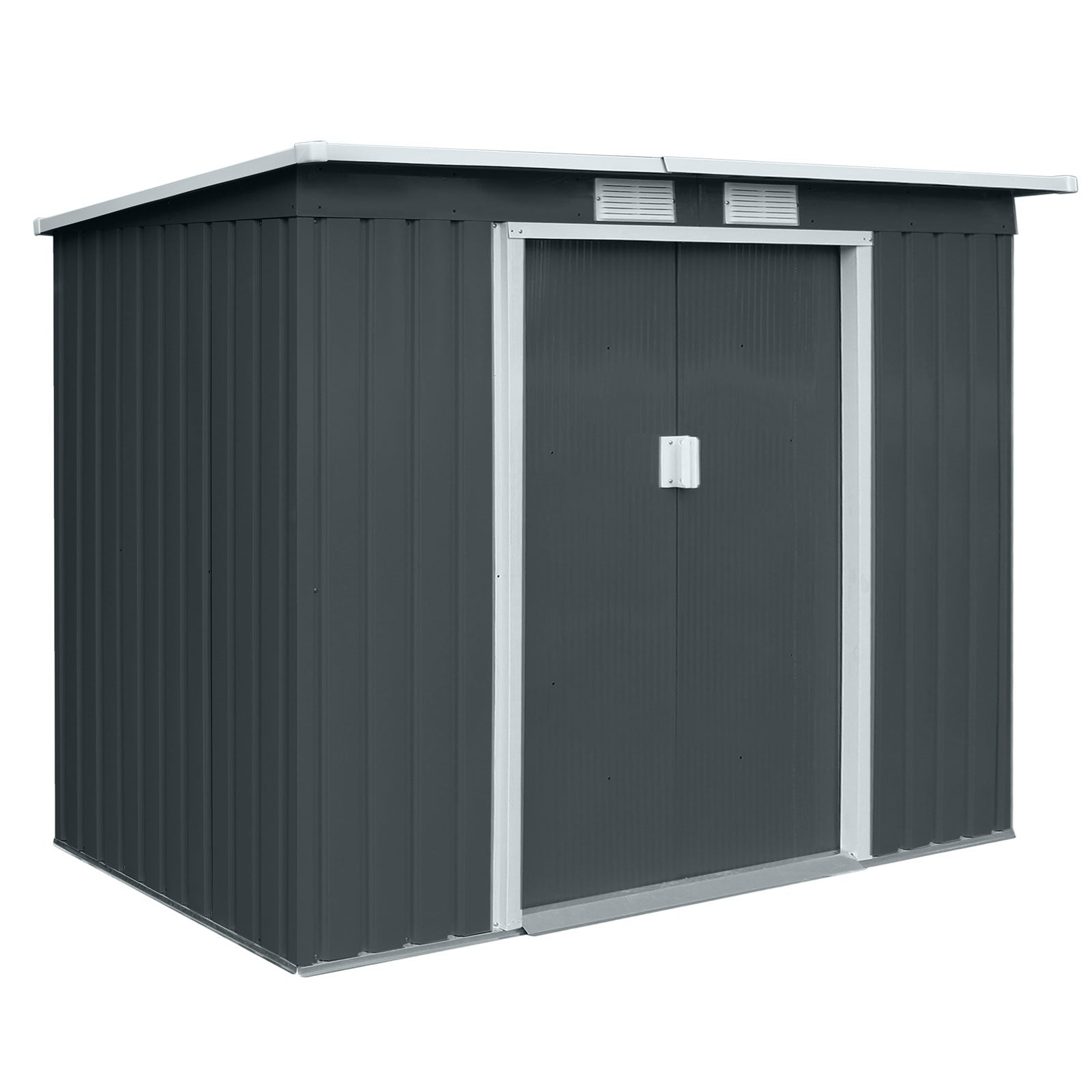 Dunkelgrauer Metall-Gartenschuppen P100 mit Pultdach und Doppeltür mit Griff