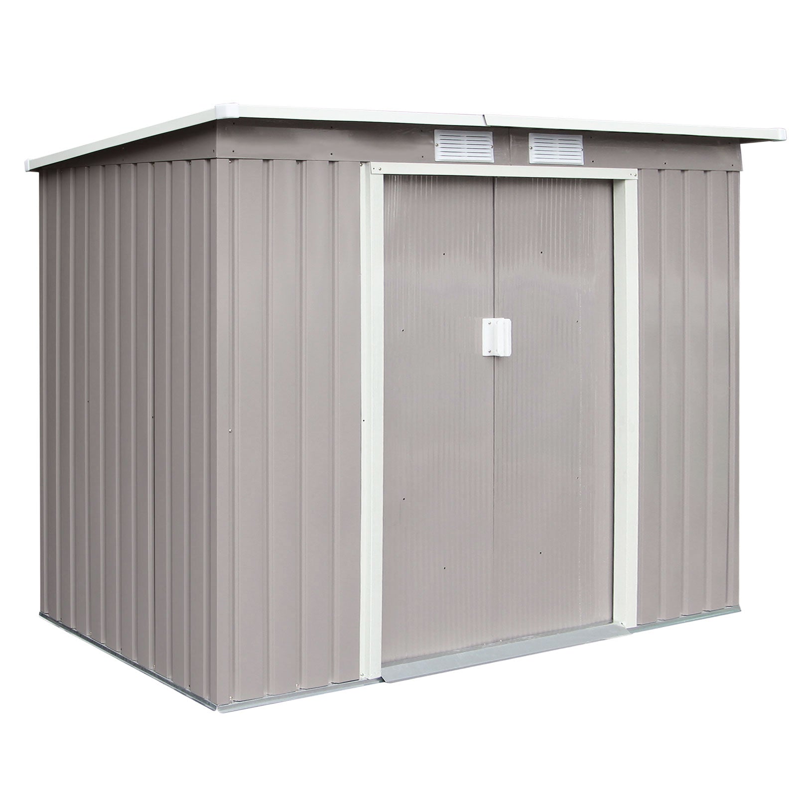 Hellgrauer Metall-Gartenschuppen P100 mit Pultdach und Doppeltür mit Griff