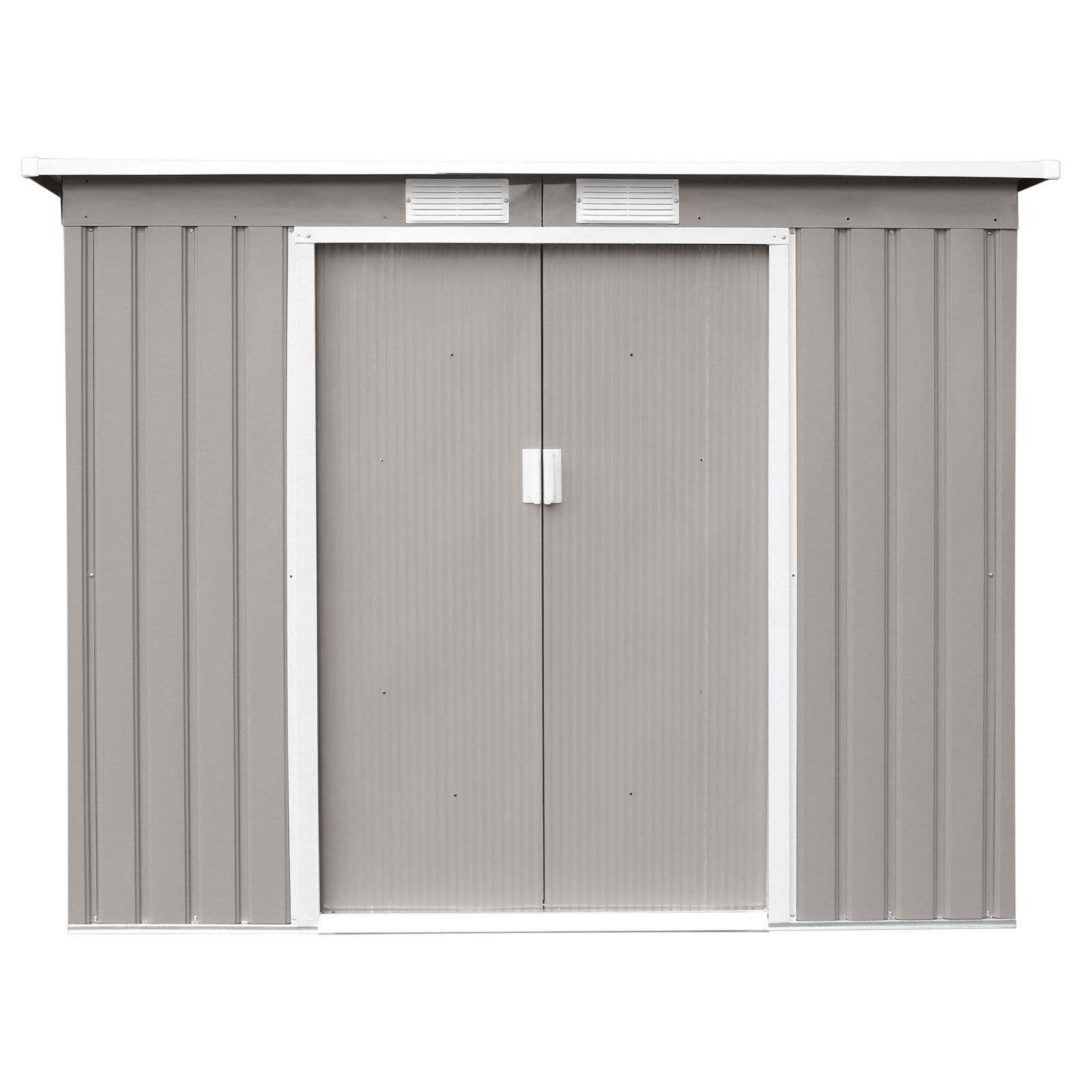 Hellgrauer Metall-Gartenschuppen P100 mit Pultdach und Doppeltür mit Griff Frontalansicht