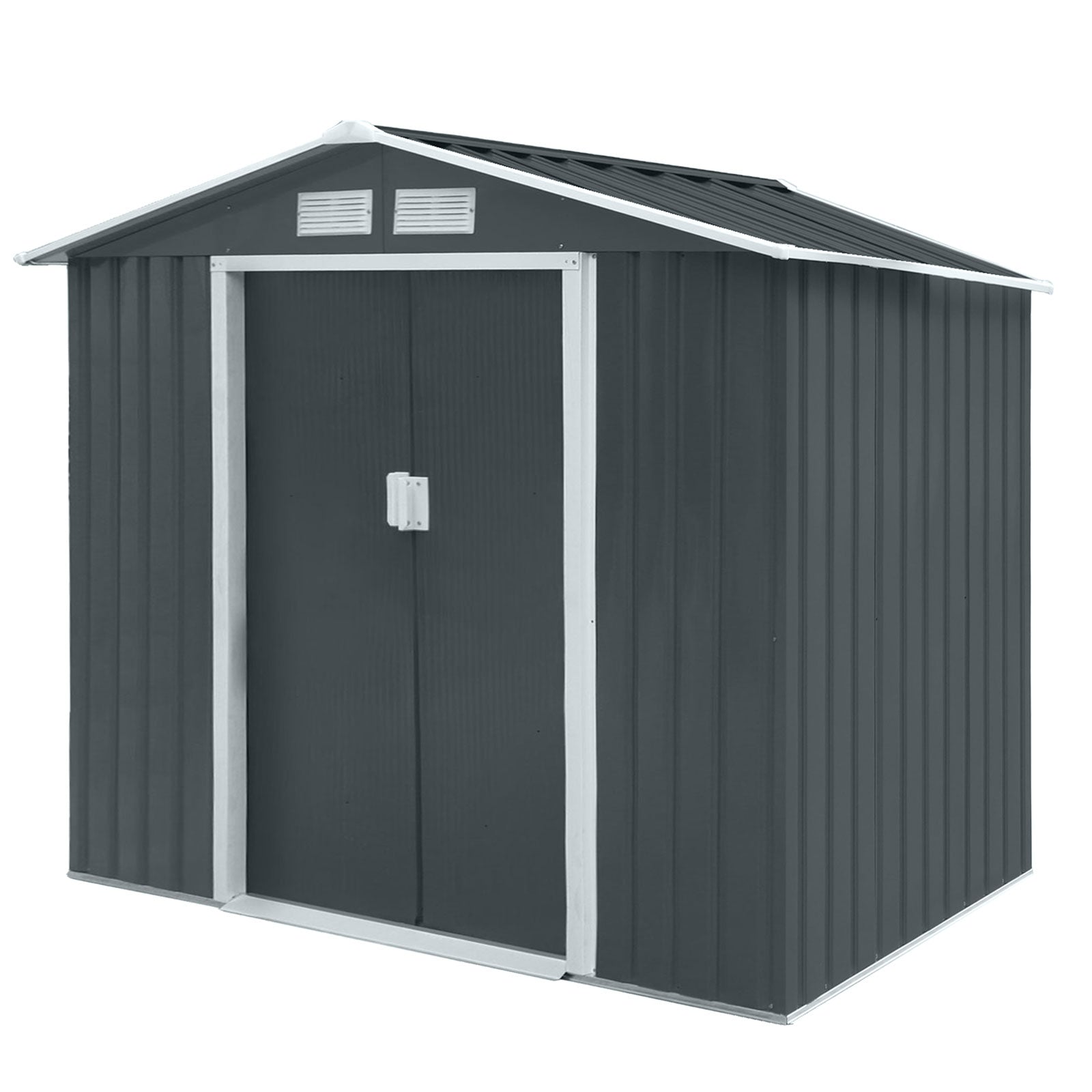 Dunkelgrauer Metall-Gartenschuppen S100 mit Satteldach und Doppeltür mit Griff