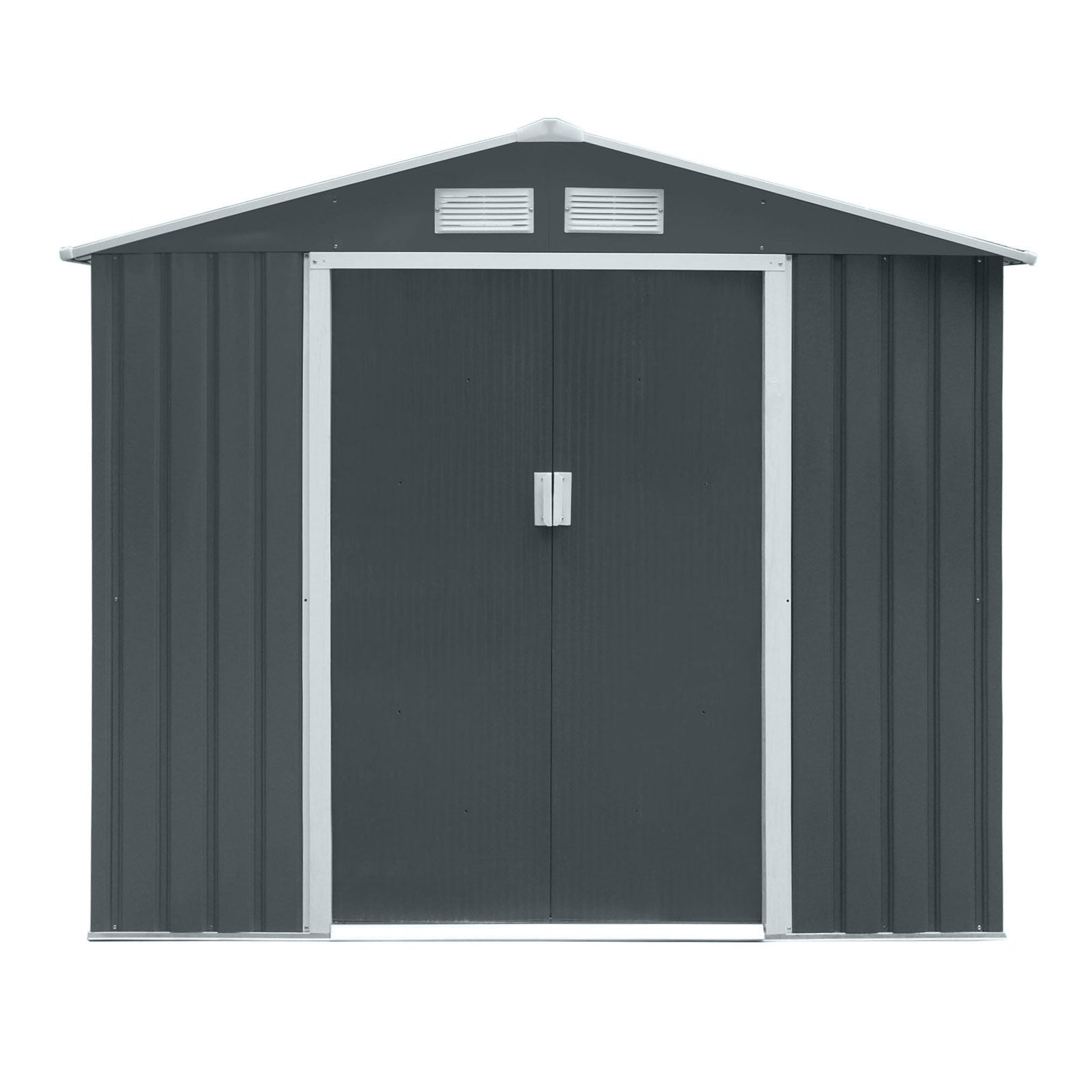 Dunkelgrauer Metall-Gartenschuppen S100 mit Satteldach und Doppeltür mit Griff Frontalansicht