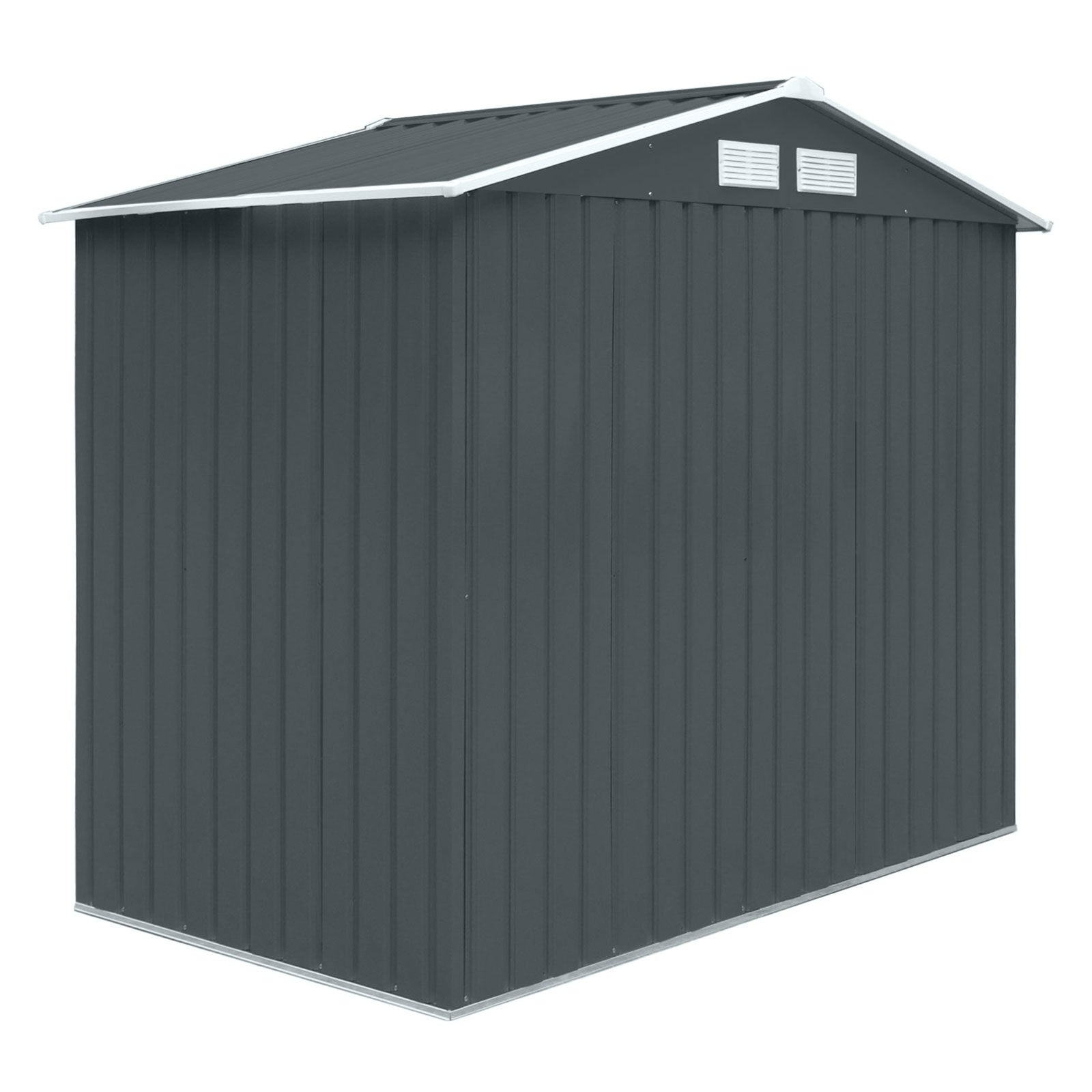 Dunkelgrauer Metall-Gartenschuppen S100 mit Satteldach Rückseite diagonal