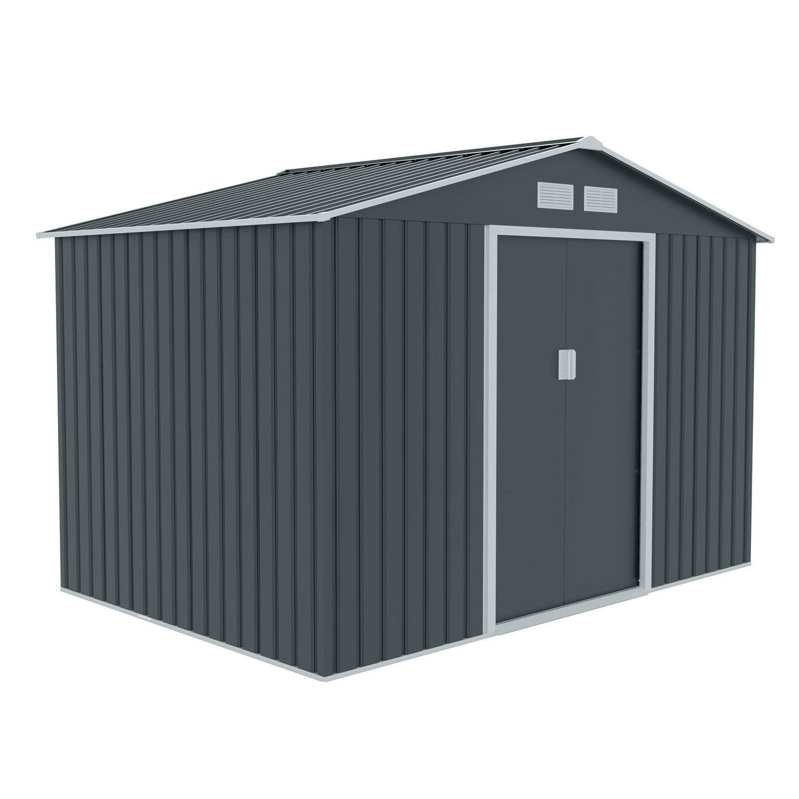 Dunkelgrauer Metall-Gartenschuppen S200 mit Satteldach und Doppeltür mit Griff