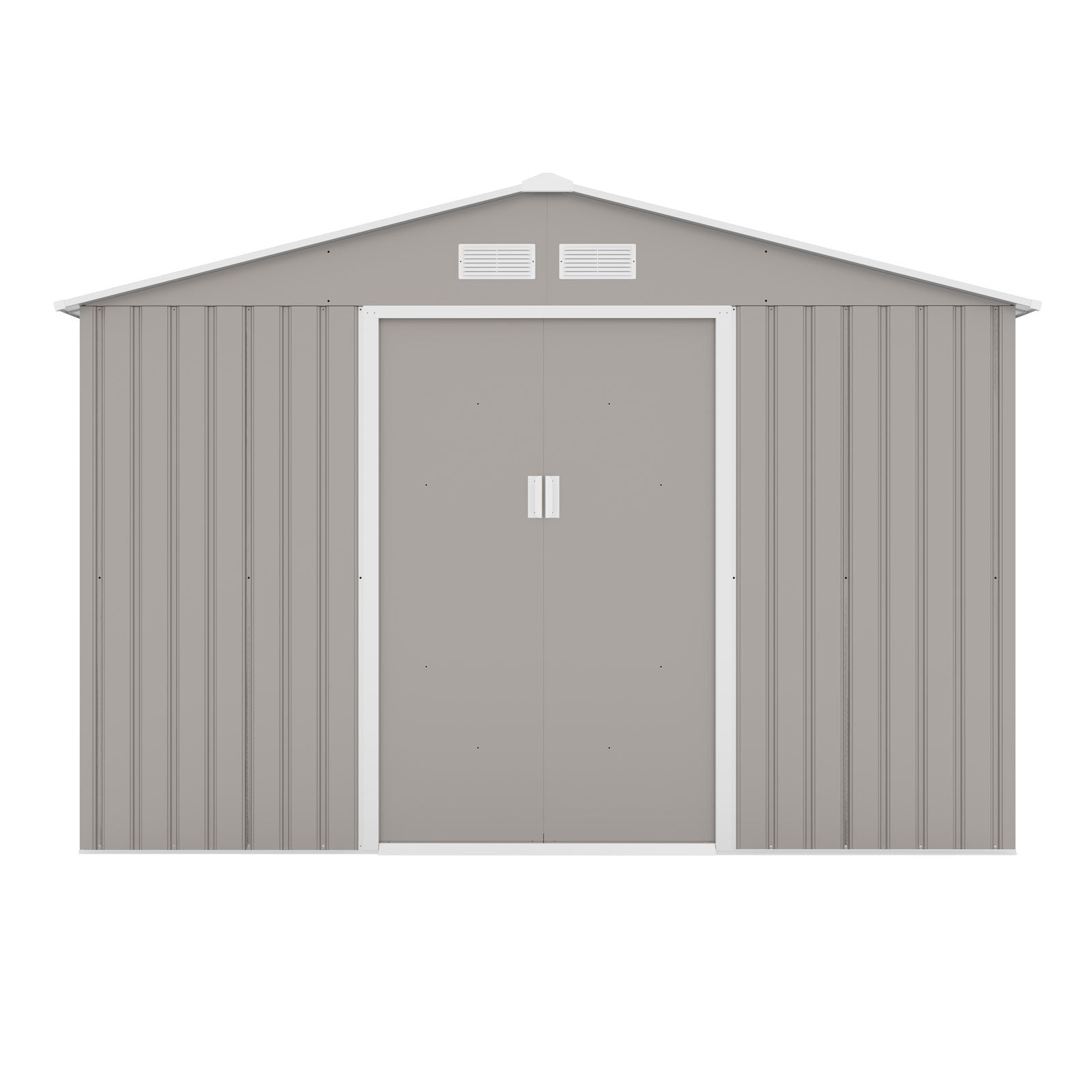 Hellgrauer Metall-Gartenschuppen S200 mit Satteldach und Doppeltür mit Griff Frontalansicht
