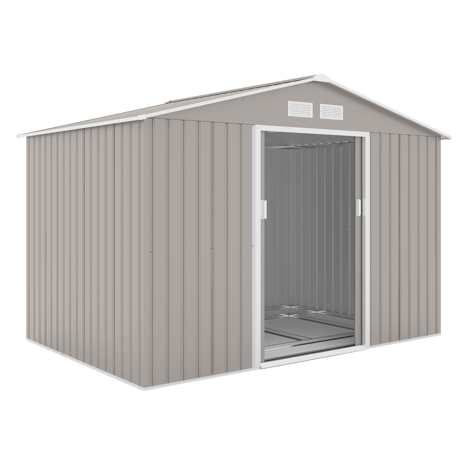 Hellgrauer Metall-Gartenschuppen S200 mit offenem Eingang und silbernem Fundament-Rahmen innen